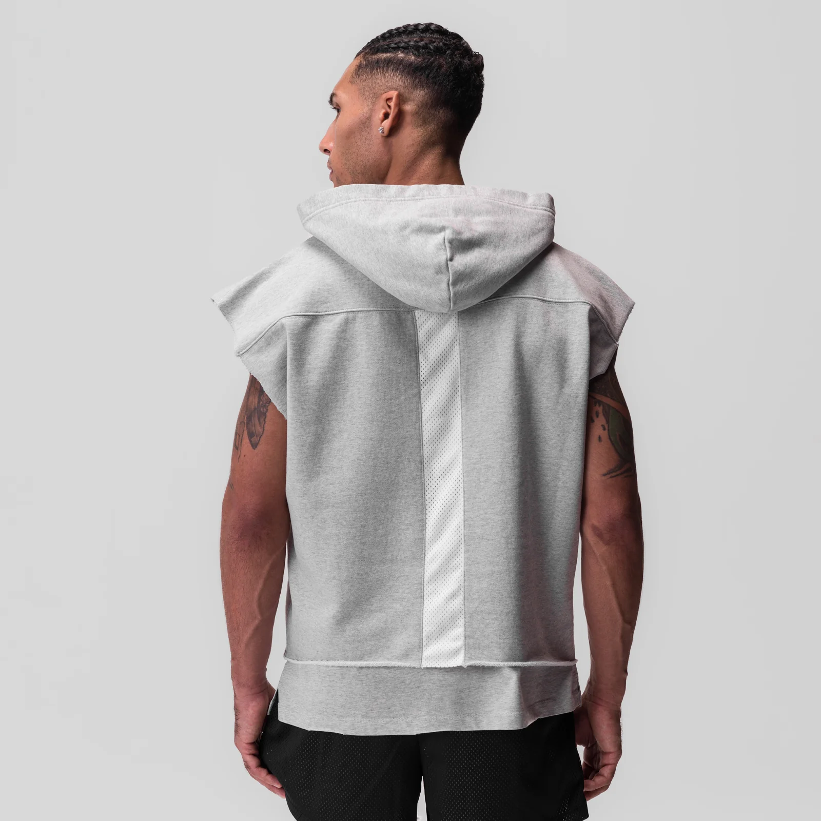 0844. Tech Essential™ Raw Hem Cutoff Hoodie - Heather Grey - Image 3