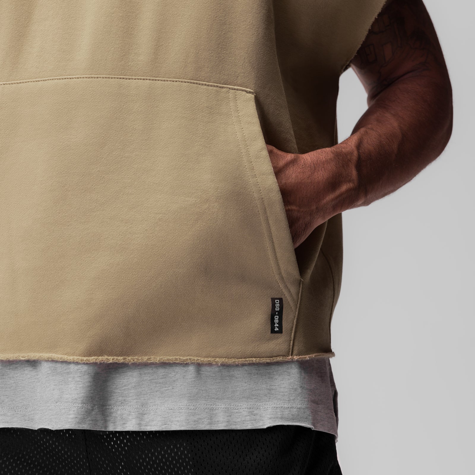 0844. Tech Essential™ Raw Hem Cutoff Hoodie - Khaki - Image 5